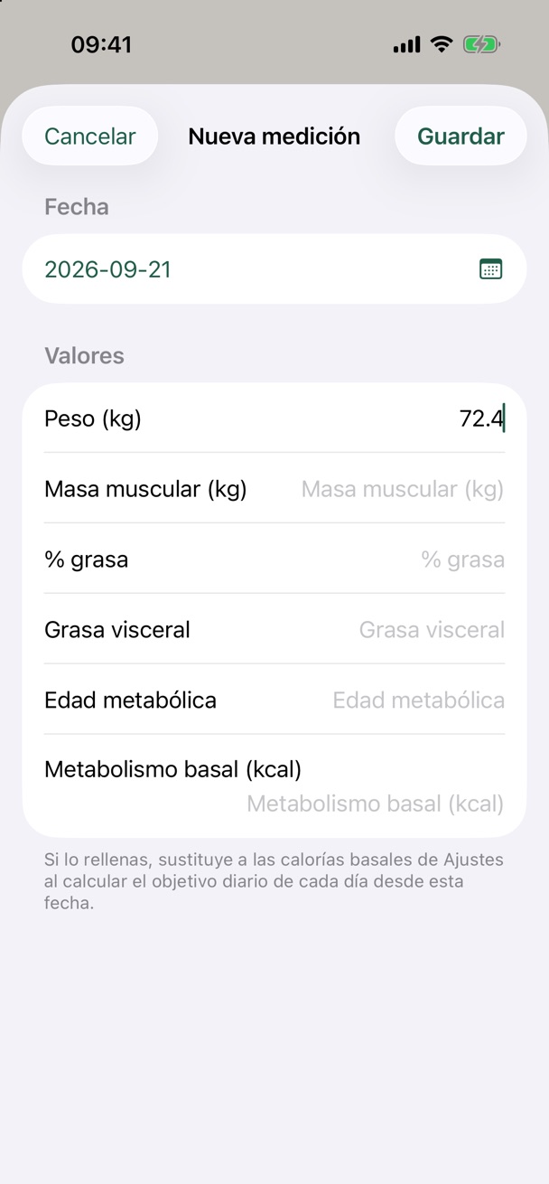 Hoja «Nueva medición» de la app para iPhone: fecha y campos de peso, masa muscular, % grasa, grasa visceral, edad metabólica y metabolismo basal.